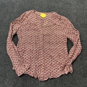 Maeve Shirt Womens XS Burgundy Printed Button Front Long Sleeve Blouse Boho